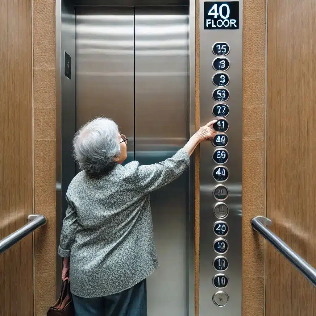 An elderly woman lives on the 40th floor and hates taking the stairs.